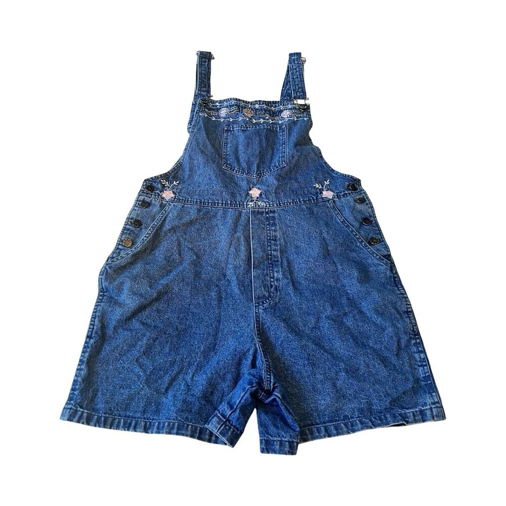 Vtg Y2K‎ Carolina Bay Womans M Short Overall Shortall Floral Embroidered Denim